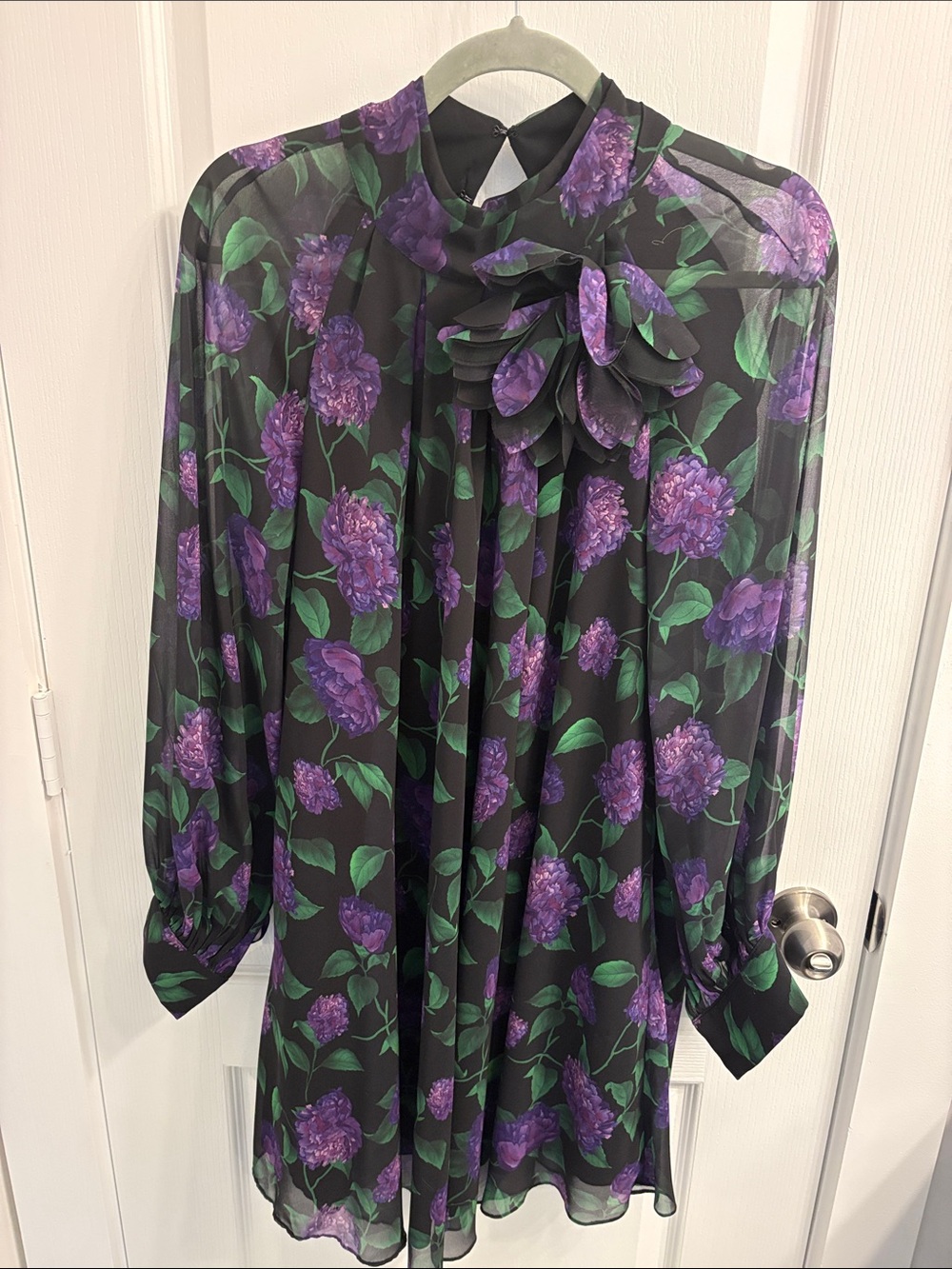 Sachin + Babi Black Long-Sleeve Sheer Dress with Purple Floral Accents